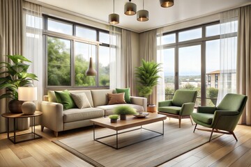 Fototapeta premium Modern Living Room with Large Windows and Greenery