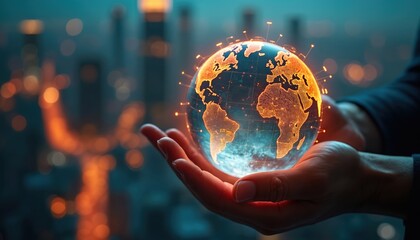 Global business network growth. Data analysis of finance, banking. Stock, AI tech, data connection, security, blockchain networking. Business strategy. Hands holding glowing earth with bokeh city