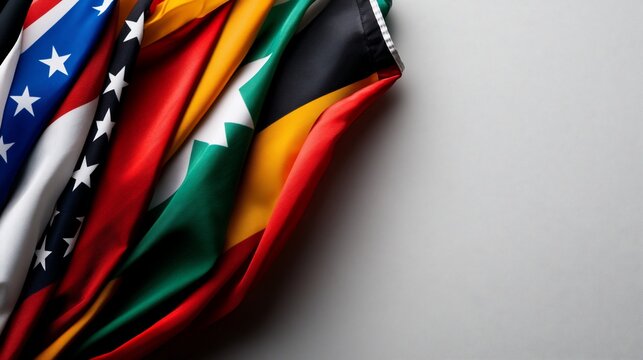 Crumpled fabric arrangement presenting a mix of national flags on neutral backdrop