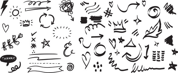 Hand drawn highlight, art line arrows, text underline strokes and emphasis marks vector