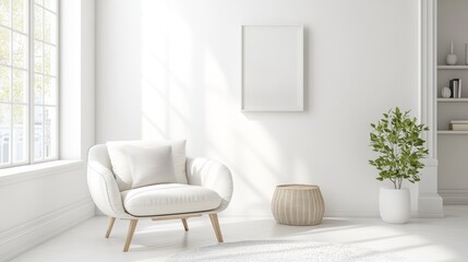 Stylish white room with modern armchair in the Scandinavian style.