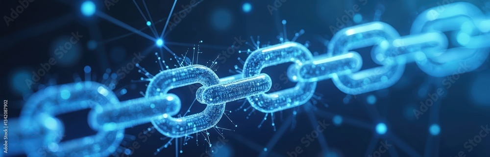Poster Digital blockchain close-up. Neon blue glowing links, connecting lines represent tech, secure data exchange. Future contract privacy in cyberspace. Transparent asset mining, ledger system network,