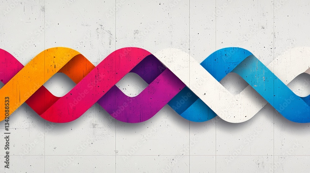 Poster Colorful ribbon with a white stripe is shown. The ribbon is made of paper and is in a wavy pattern. The ribbon is multicolored and has a white stripe in the middle