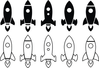 Rocket launch icon in flat, line set isolated on transparent background