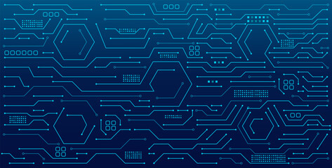 Abstract technological background with circuits. An AI circuit board with electronic elements in electric blue on a tech background. An AI chip or semiconductor connected by lines.