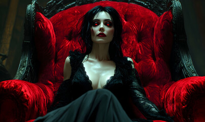 A woman with red eyes sits regally in a crimson velvet chair, exuding dark elegance and mystery in a dimly lit setting