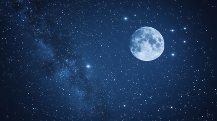 Fototapeta premium A peaceful night scene with a luminous moon casting its glow over a sky filled with brilliant constellations.