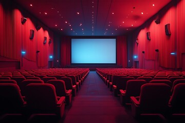 Fototapeta premium Empty Red Cinema Seats, Movie Theater Interior, Blank Screen, Dramatic Lighting