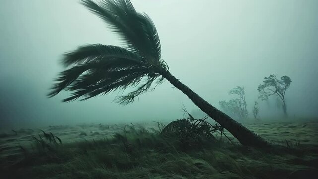 Intense windstorm causes palm trees to bend dramatically in a misty landscape during a storm