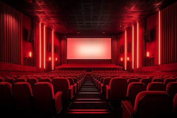 Fototapeta premium Empty Red Movie Theater Seats, Cinema Hall Interior Design, Red Lighting