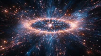 A cosmic explosion displays energy radiating outwards in the dark space