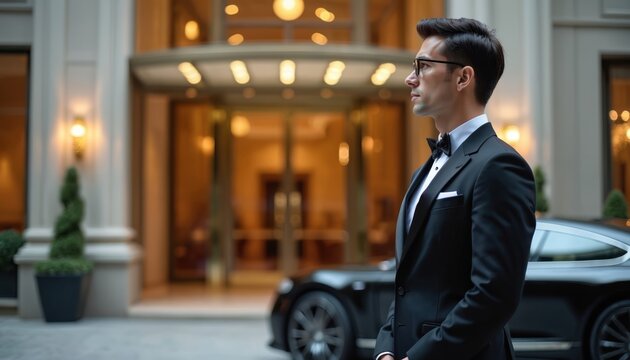 Elegant doorman in uniform stands near luxury hotel entrance. Black car parked nearby. Upscale service, pro hospitality. Concierge ready to assist clients, ensuring premium travel experience.