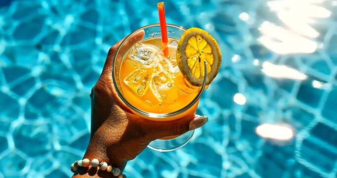 Enjoying a refreshing summer drink by the poolside with a stunning blue background