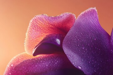 Close-up of dew-covered orchid petals, vibrant purple and pink hues, soft lighting.