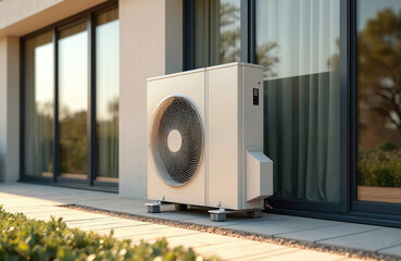 Air source heat pump installed near residential building. Modern eco energy tech equipment. Home conditioning, alternative heating, cooling system unit concept. Electric device, domestic ac, outside.