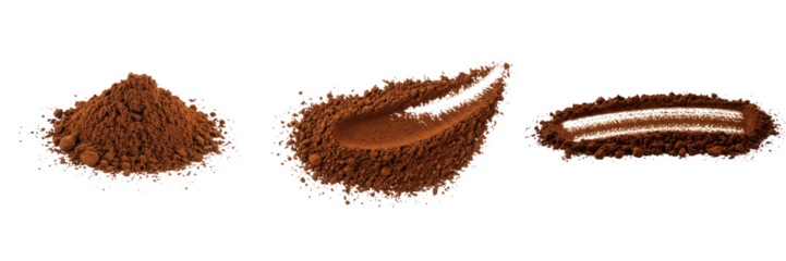 Cocoa Powder Pile Variations Isolated - Three unique cocoa powder piles; mound, scoop, and line. Symbolizing texture, variety, richness, and confectionery. Perfect for baking and chocolate imagery