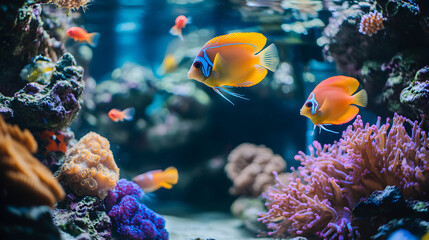 Obraz premium paisaje de una arrecife de coral en un acuario o pecera con vida marina y peces coloridos nadando en la naturaleza animales tropicales