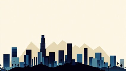 Naklejka premium Los Angeles cityscape with a silhouette of skyscrapers, framed by mountains and palm trees. A quintessential view of this renowned US metropolis