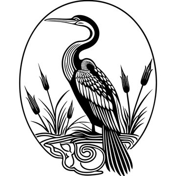 Anhinga Bird Line Art: A striking linework illustration of the anhinga bird, anhinga displaying its distinctive features against a backdrop of stylized reeds and water elements.
