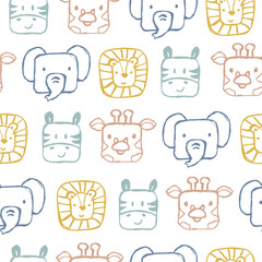 Cute face jungle animals seamless pattern. Doodle style line art of lion, elephant, giraffe, and zebra. 