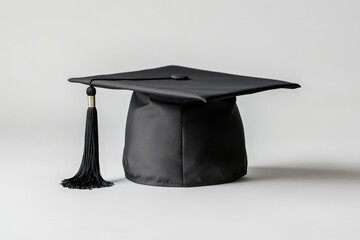 A black graduation cap sits against a plain white backdrop