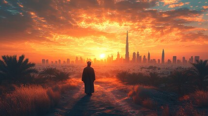 Fototapeta premium A person walking towards a city during a sunset