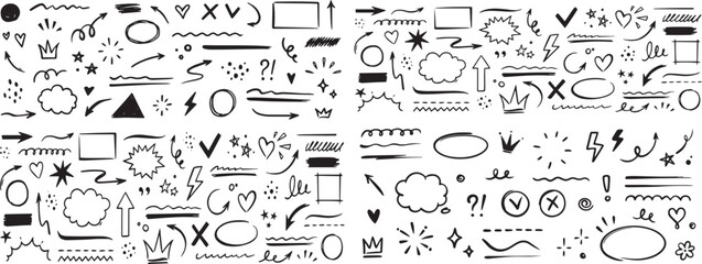 Hand drawn highlight, art line arrows, text underline strokes and emphasis marks vector