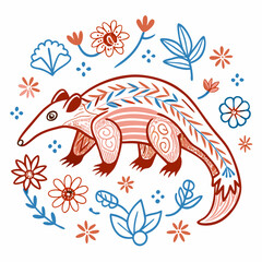 Obraz premium Anteater Illustration with Flowers: A whimsical and stylized illustration of an anteater, rendered in vibrant red and blue hues, surrounded by a blooming circle of colorful flowers.