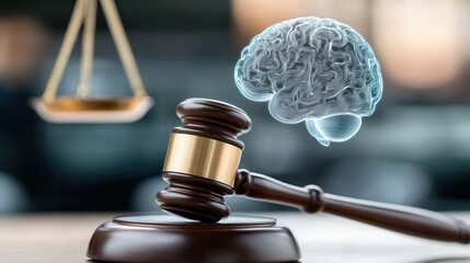 Justice scale gavel law brain analysis. Gavel and brain imagery symbolizing law and psychology concepts.