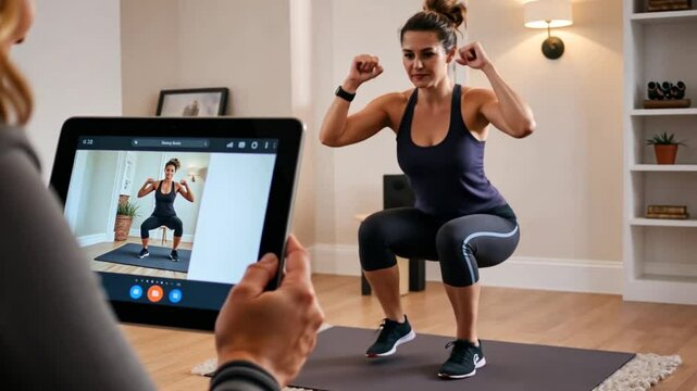 Virtual fitness class with live instructor training at home perfect squats and healthy lifestyle guidance
