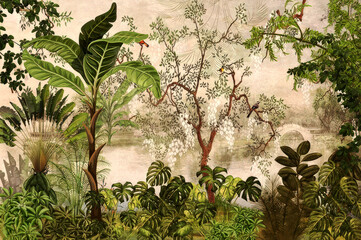 Tropical botanical garden wallpaper mural with birds and bridge nature design for home decor and wall art