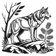 Lone Wolf Silhouette on a Rocky Outcrop: A striking monochrome depiction of a wolf standing proudly atop a rugged terrain, embodying the wild spirit of the wilderness. 