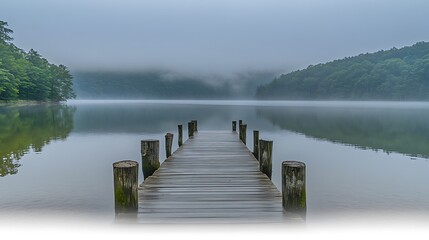 Naklejka premium Wooden dock extends into the misty waters of a calm lake
