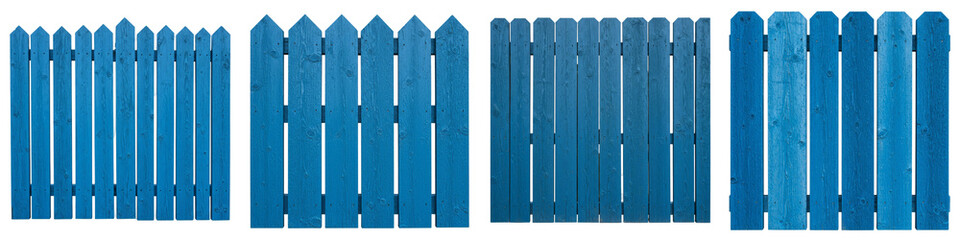 Fototapeta premium Blue Wooden Fence Panels Isolated - Four variations of a blue wooden fence panel, ideal for design, construction, or home improvement projects. Symbolizing privacy, security, boundaries, protection
