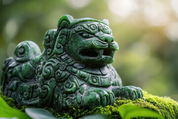 Fototapeta premium Intricate jade carving of a mythical lion, resting on moss, serene and ancient.