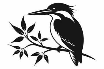 kingfisher sitting on a branch line art silhouette vector illustration