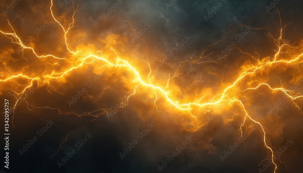 Poster Abstract yellow lightning background. Electrical discharge effect with energy power. Thunder strike with voltage, glow. Dark design element with electricity, shock, flash for banners or presentations.