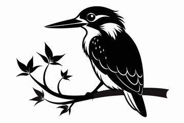 kingfisher sitting on a branch line art silhouette vector illustration