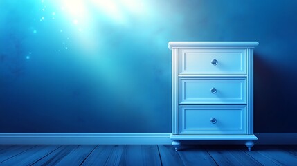 A three drawer white cabinet placed against a blue wall