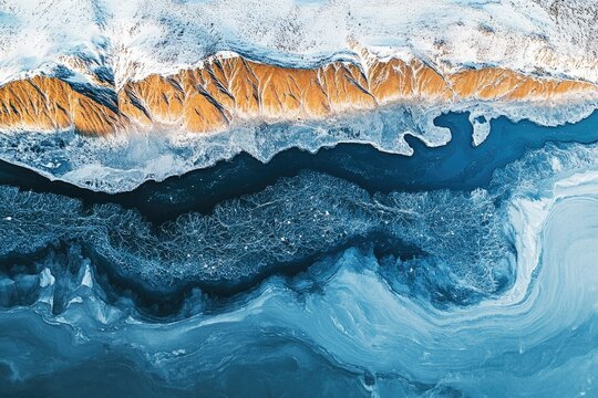 Aerial view of a frozen river flowing beside snow-covered, ochre-colored mountains.
