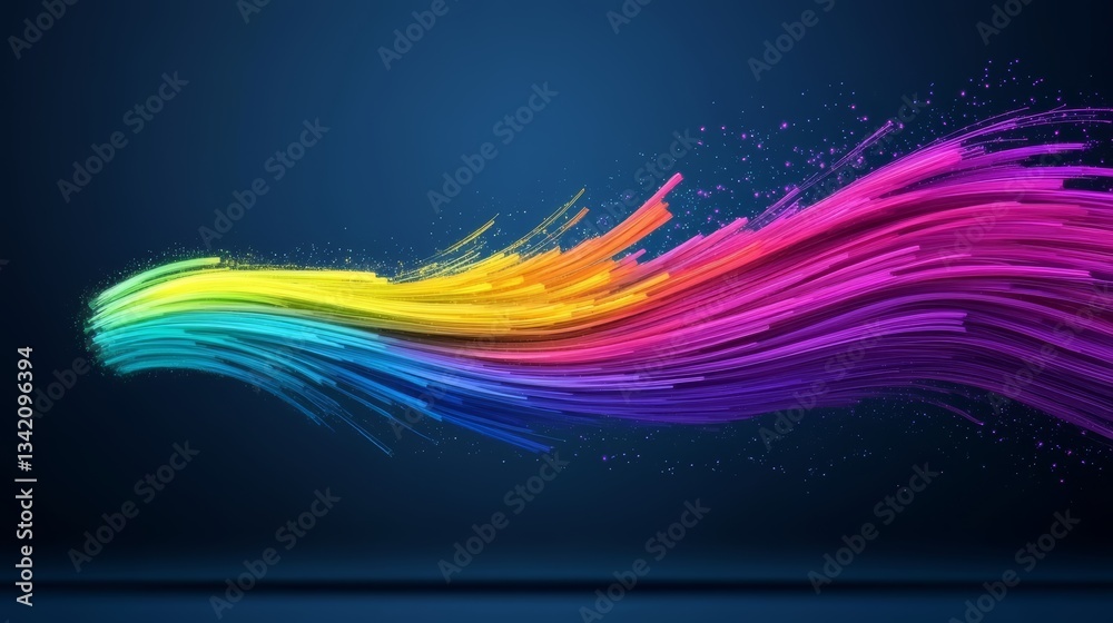 Poster colorful, rainbow-colored wave of light is projected onto a blue background. concept of movement and