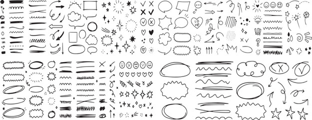 Hand drawn highlight, art line arrows, text underline strokes and emphasis marks vector