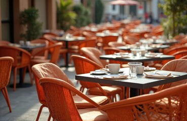 Outdoor restaurant orange woven chairs around tables, prepared for dining. Urban setting. Eatery ready for customers. Tableware arranged on black table, plates, glasses, invites friends for pleasant