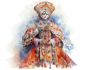 Fototapeta premium a young woman in traditional Russian dress, richly decorated with patterns and embroidery. 