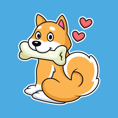 Cute shiba inu eat bone cartoon. Animal vector icon illustration 