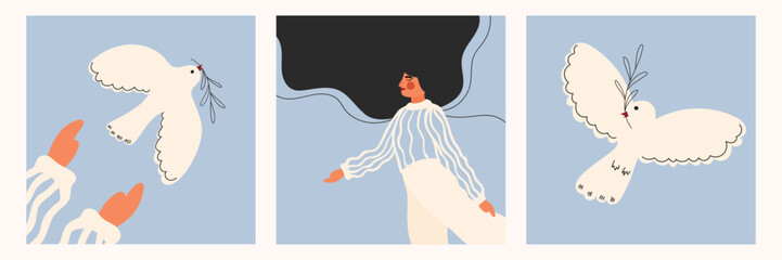 Set of illustrations with a girl and a dove of peace. Peace and the dove. Doves of peace. Vector illustration of doves and a free-spirited girl. Free movement. Freedom. Right