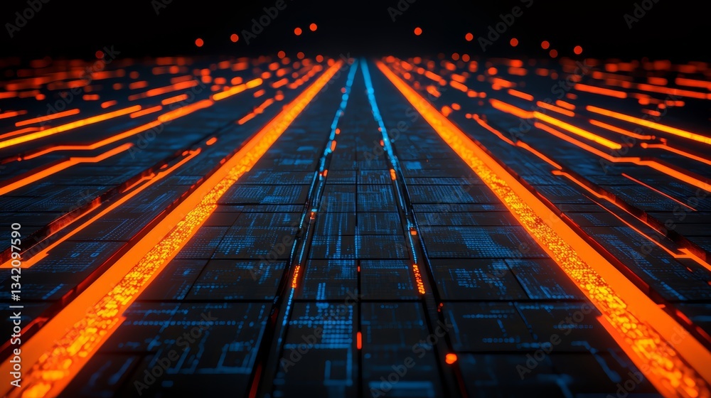 Poster computer screen with orange and blue lines. the image gives off a futuristic and technological vibe