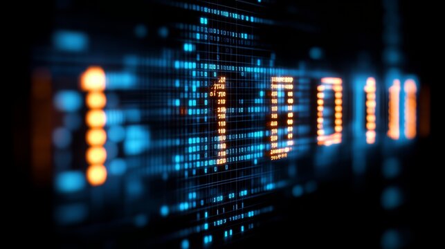 Computer screen with a series of numbers and letters. The numbers are in blue and the letters are in orange. Concept of technology and digital information