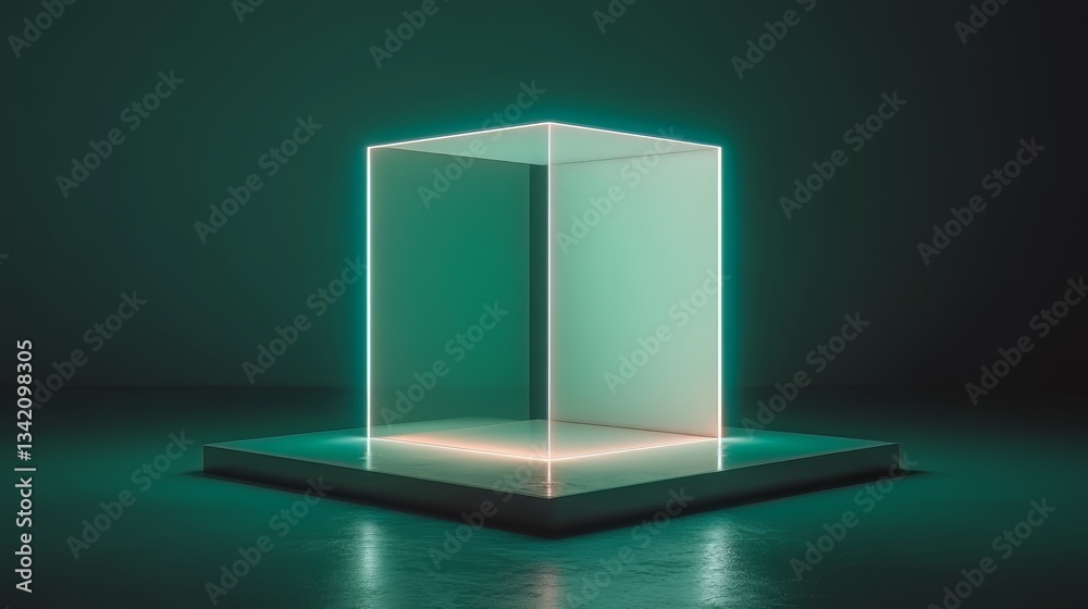 Aufkleber Cube is lit up with neon colors. The cube is in a dark room with a green floor