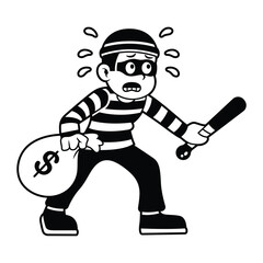 Thief bring money with anxious expression cartoon. Vector icon illustration isolated on white background